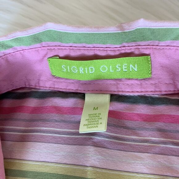 Sigrid Olsen Pink & Green Stripe Button Up Shirt Size Medium - Picture 5 of 9
